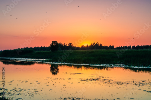 Biebrza Natural Park - Biebrza river in Goniadz village at early morning. 