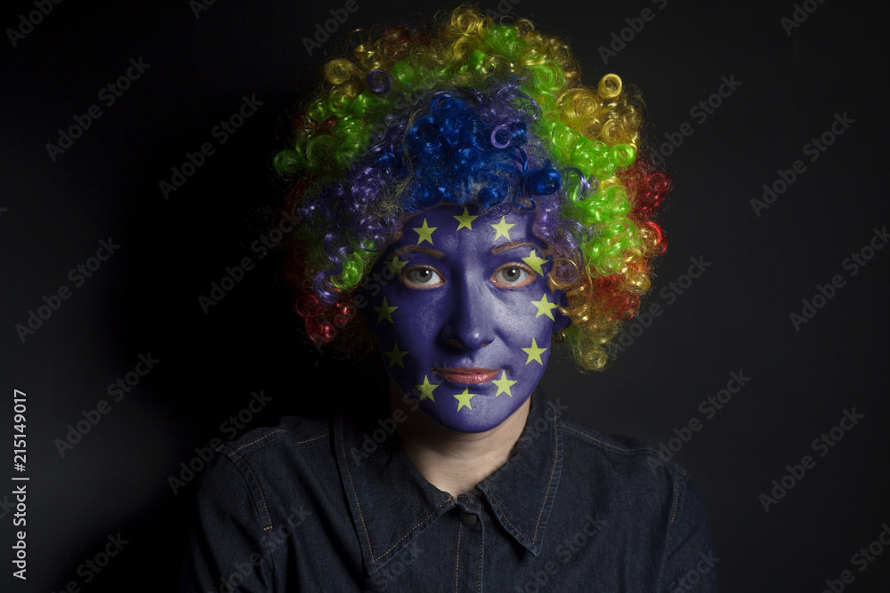Funny clown woman with painted European Union Flag Funny clown woman with painted European Union Flag