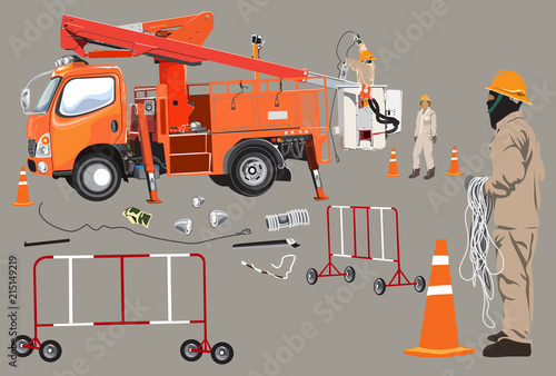 Lift truck and Electricity poles high voltage worker team with tools infographic