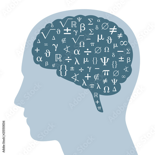 Mathematical symbols in a dark gray brain and silhouette of a head. Some symbols from mathematics, white colored, in a darker brain area. Isolated illustration on white background. Vector.