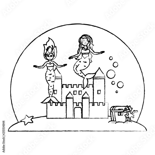 grunge beauty mermaids under water with castle and coffer