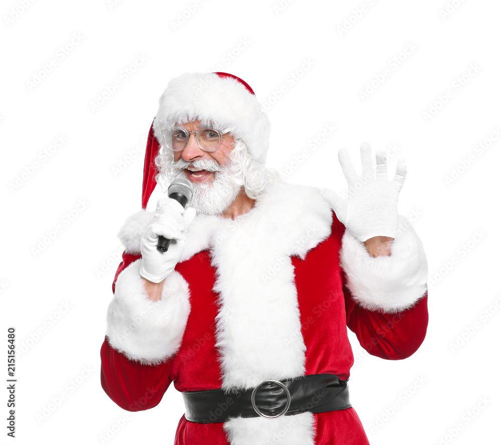 Santa Claus singing into microphone on white background. Christmas music Santa Claus singing into microphone on white background. Christmas music