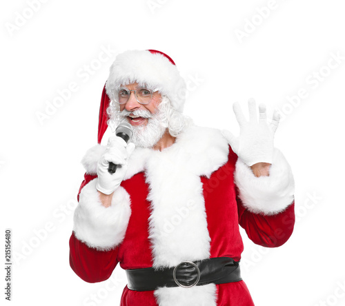 Santa Claus singing into microphone on white background. Christmas music