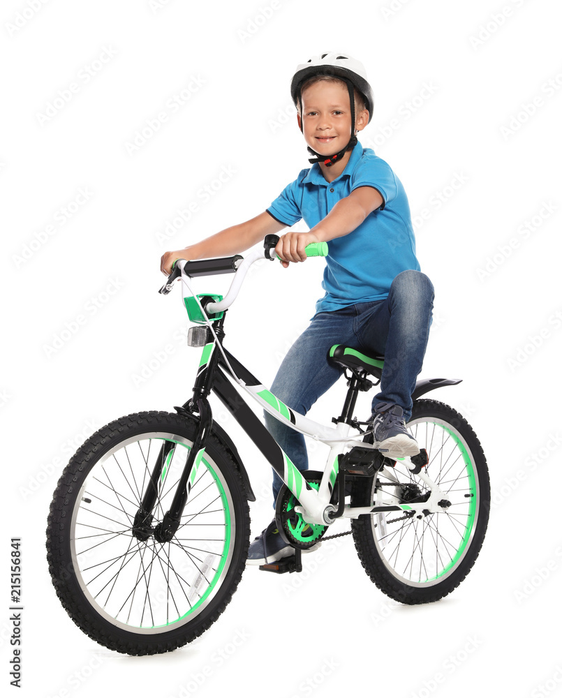 Portrait of cute little boy with bicycle on white background Portrait of cute little boy with bicycle on white background