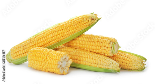 Tasty sweet corn cobs on white background