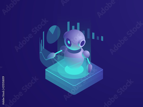 Program analyzing, ai robot, artificial intelligence automated process of data reporting, reading schedule, modern smart technologies in business isometric vector neon