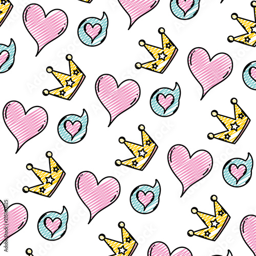 doodle heart and chat bubble with crown background