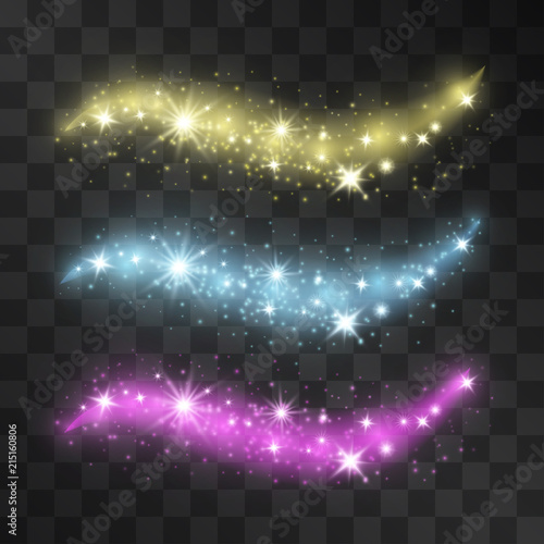 Wave glitter light effect. Vector glowing stream lines of shining stardust sparkles on transparent background. Luxurious curves of magical illumination. Fluid confetti flow on transparent background.