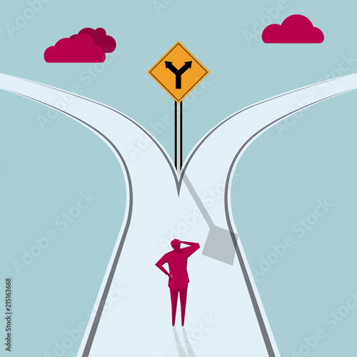 A businessman stands at the branch intersection. The background is blue.