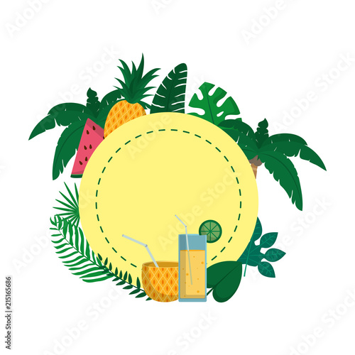 circle with tropical fruits and branches plants