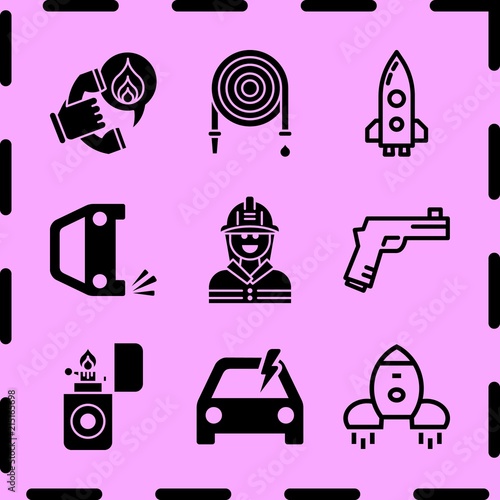 Simple 9 icon set of fire related overturned car, lighter, gun and rocket vector icons. Collection Illustration