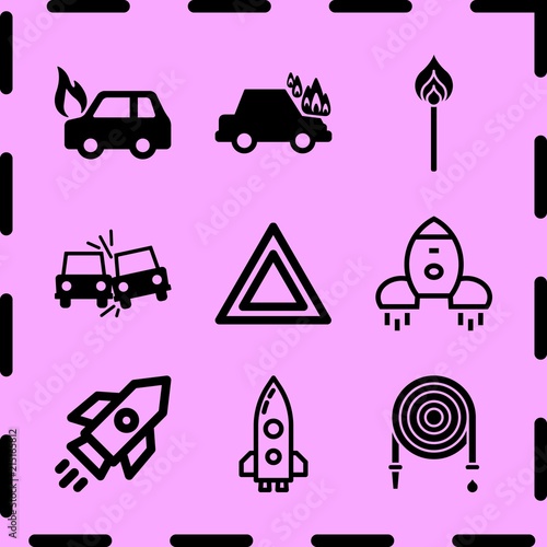 Simple 9 icon set of fire related rocket, side crash, rocket and car on fire vector icons. Collection Illustration