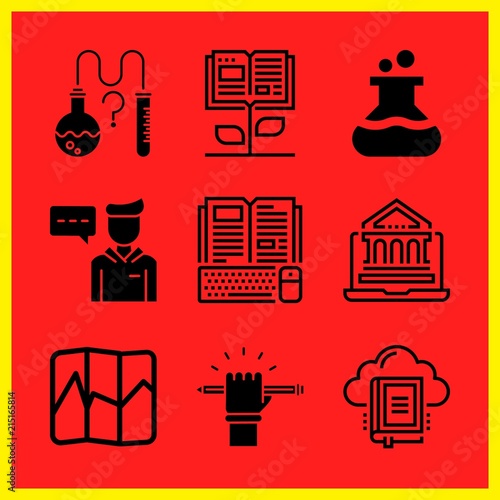 Simple 9 icon set of edication related open book, online education, library and online course vector icons. Collection Illustration