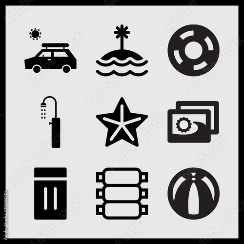 Simple 9 set of Summer related floating tire, holiday trip, beach shower and inflatable vector icons