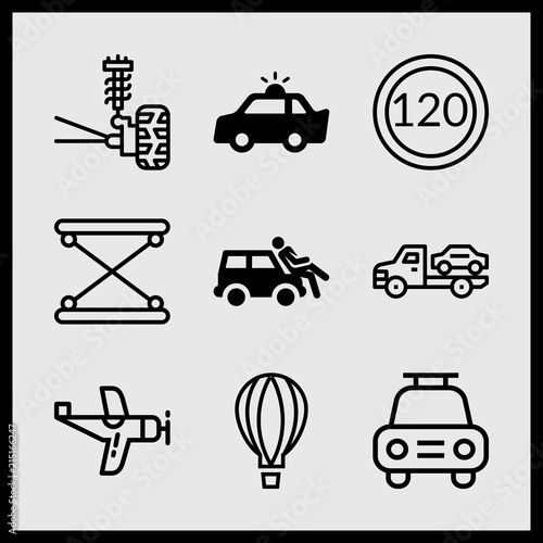 Simple 9 icon set of car related airplane, car, accident and speed limit vector icons. Collection Illustration