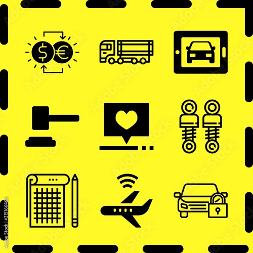 Simple 9 icon set of business related car on tablet, exchange, car parts and mallet vector icons. Collection Illustration photo