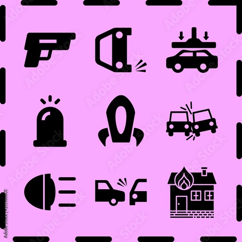 Simple 9 icon set of fire related car beacon on, siren, overturned car and space rocket ship vector icons. Collection Illustration