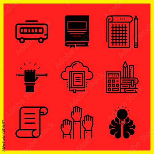 Simple 9 icon set of edication related notebook, school bus, library and learning vector icons. Collection Illustration