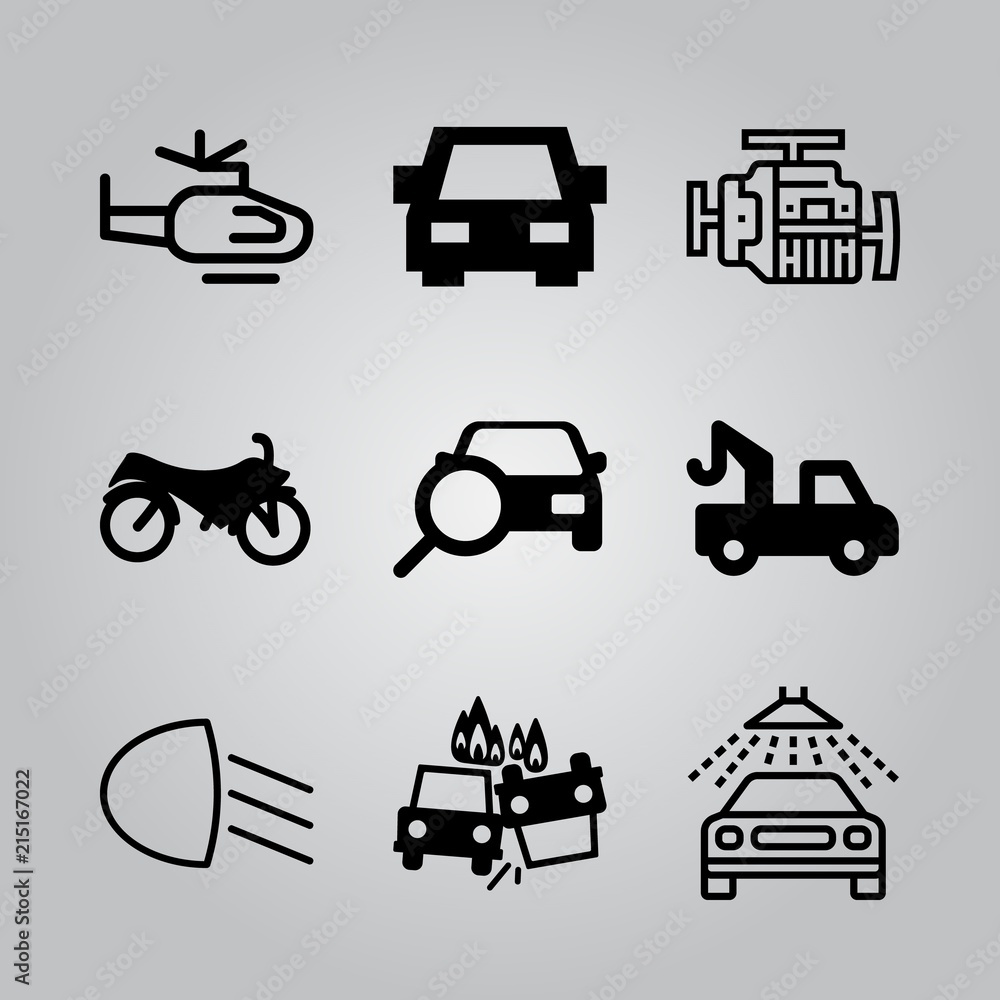 Simple 9 icon set of transport related helicopter, motorcycle side view silhouette, car lights and car wash vector icons. Collection Illustration Simple 9 icon set of transport related helicopter, motorcycle side view silhouette, car lights and car wash vector icons. Collection Illustration
