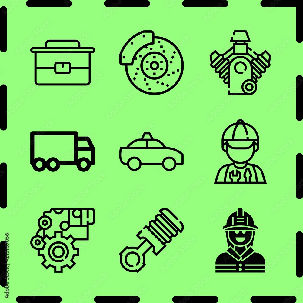 Simple 9 icon set of service related car parts, brake disc, engine and truck vector icons. Collection Illustration Simple 9 icon set of service related car parts, brake disc, engine and truck vector icons. Collection Illustration