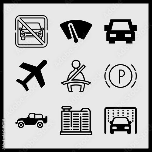 Simple 9 icon set of car related car washing machine, airplane, windshield and no parking vector icons. Collection Illustration