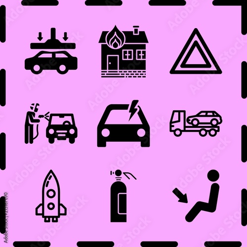 Simple 9 icon set of fire related foot heat, problem electric, evacuator and extinguisher vector icons. Collection Illustration