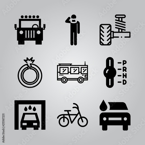 Simple 9 icon set of transport related jeep front view, bus, accident and flat tire vector icons. Collection Illustration