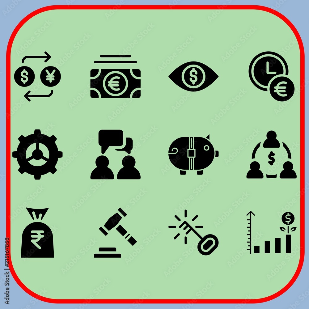 Simple 12 icon set of business related group, euro, money and settings vector icons. Collection Illustration Simple 12 icon set of business related group, euro, money and settings vector icons. Collection Illustration