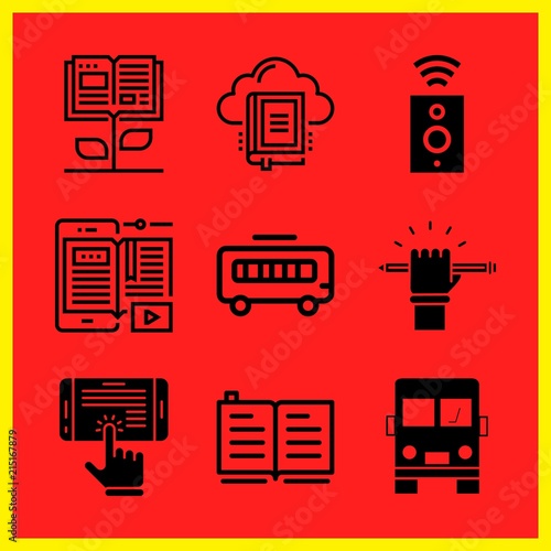 Simple 9 icon set of edication related education, school bus, ebook and open book vector icons. Collection Illustration