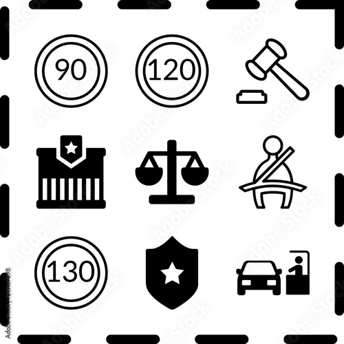 Simple 9 icon set of law related prison, speed limit, paying car ticket and seat belt vector icons. Collection Illustration