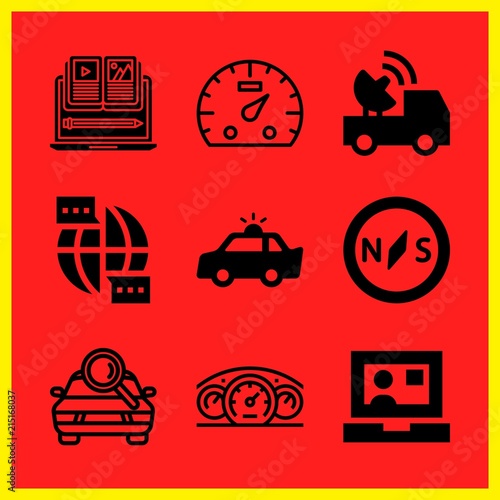 Simple 9 icon set of internet related communication, speedometer, dashboard and broadcaster vector icons. Collection Illustration