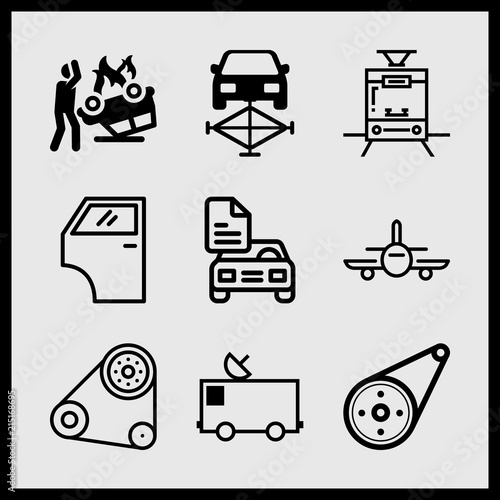 Simple 9 icon set of car related car door, airplane, bicycle sprockets and engine vector icons. Collection Illustration