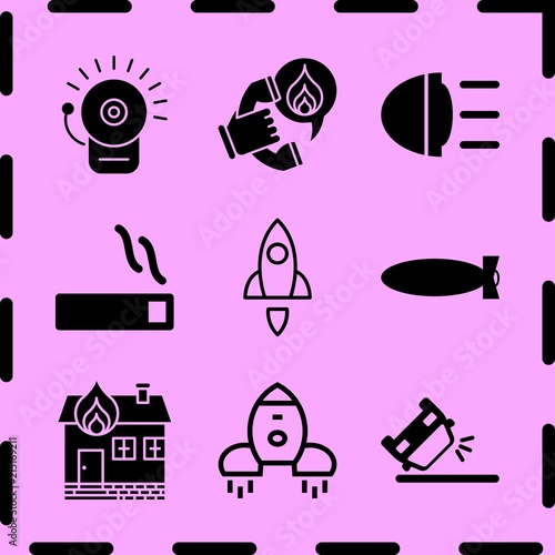 Simple 9 icon set of fire related rocket ship, burning house, overturned car and emergency call vector icons. Collection Illustration