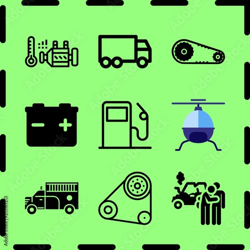 Simple 9 icon set of service related engine, helicopter, gas station and fire truck vector icons. Collection Illustration