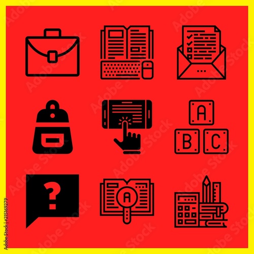 Simple 9 icon set of edication related case, backpack, learning and faq vector icons. Collection Illustration