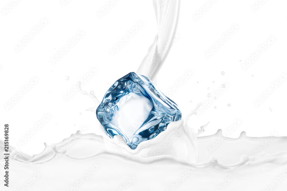 Ice cube falls on milk splash Ice cube falls on milk splash
