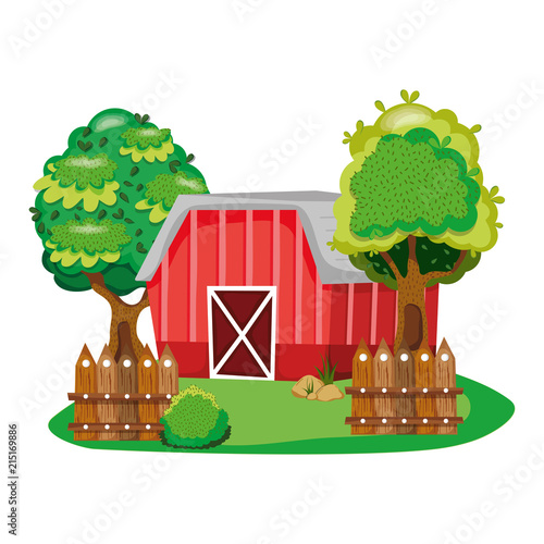 house farm with tress and wood grillage