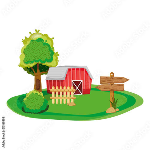 house farm with tree and wood notices