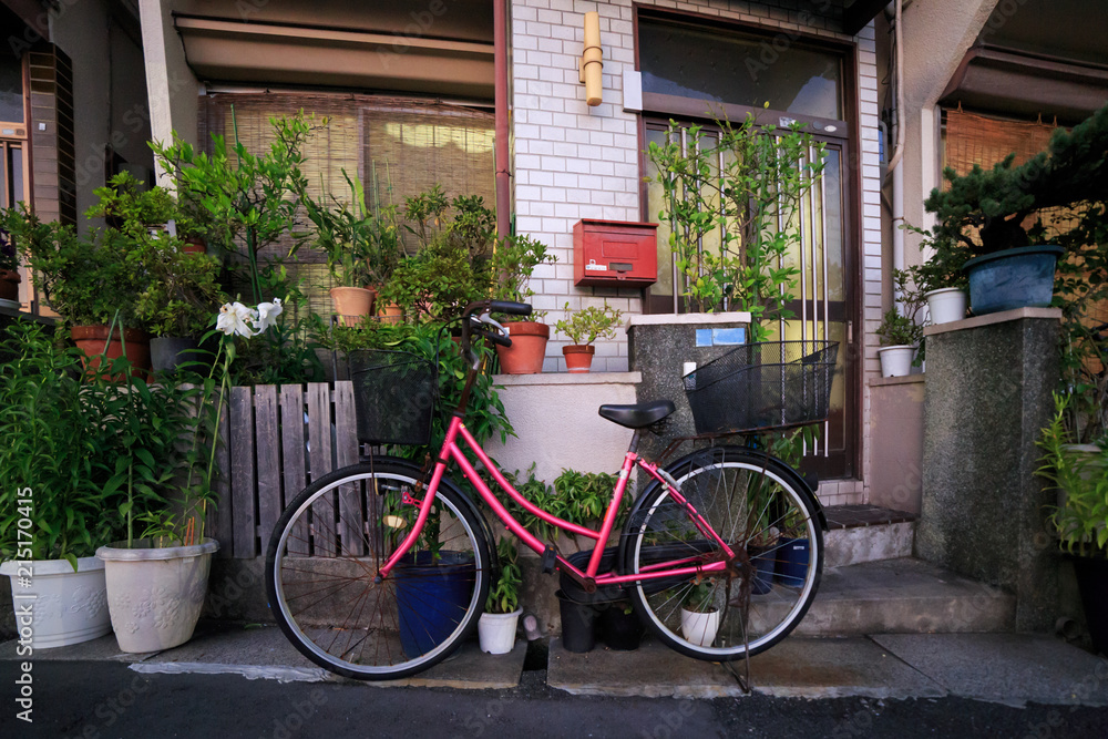 Bright pink vintage bicycle in front of small Japanese home