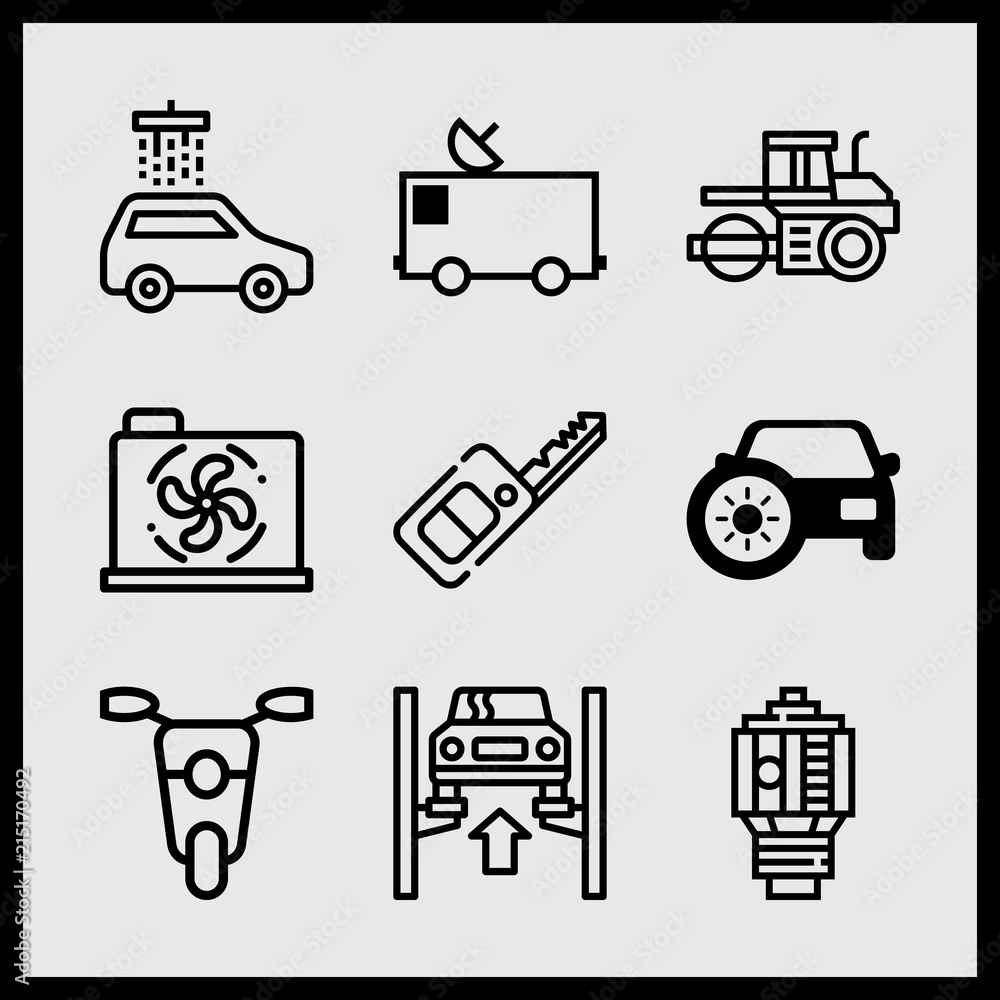 Simple 9 icon set of car related car heating, car key, car wash and motorbike vector icons. Collection Illustration