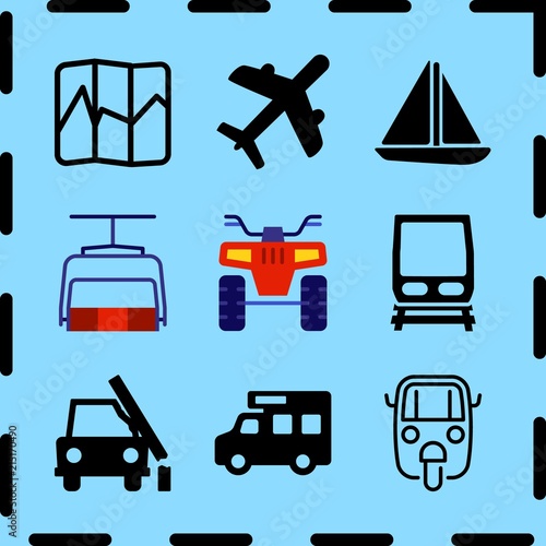 Simple 9 icon set of travel related trailer car, sailboat sailing, chairlift and train front and railroad vector icons. Collection Illustration