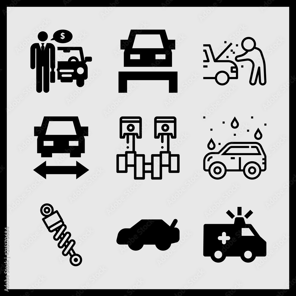 Simple 9 icon set of car related car wash, trunk, car repair and car repair vector icons. Collection Illustration Simple 9 icon set of car related car wash, trunk, car repair and car repair vector icons. Collection Illustration