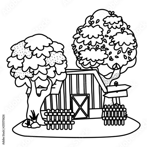 line house farm with wood notices and trees