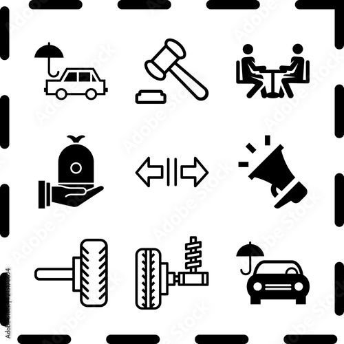 Simple 9 icon set of finance related car with an umbrella, auction, wheel and car with umbrella vector icons. Collection Illustration