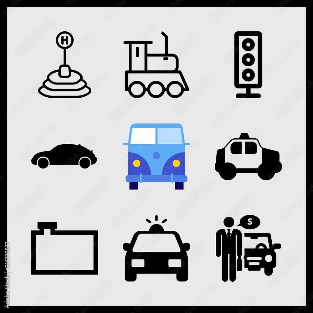 Simple 9 icon set of car related traffic signal, water tank for vehicles, gearshift and car vector icons. Collection Illustration Simple 9 icon set of car related traffic signal, water tank for vehicles, gearshift and car vector icons. Collection Illustration