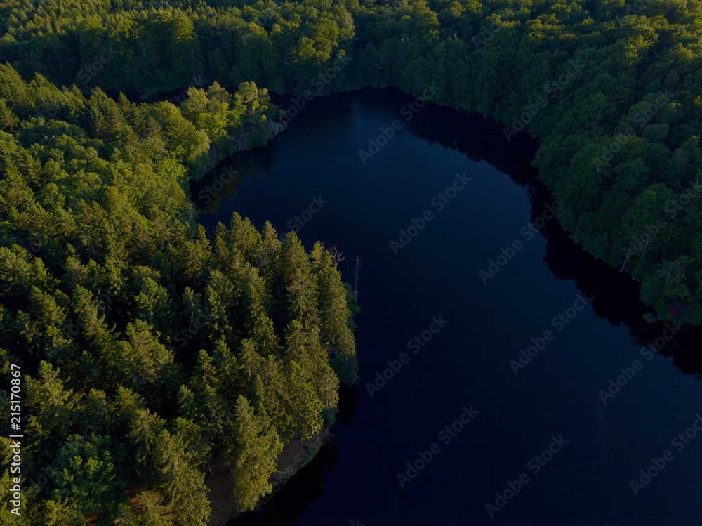 Aerial shot of a lake in Sweden surrounded with wild forest. Shot during sunset, golden hour.