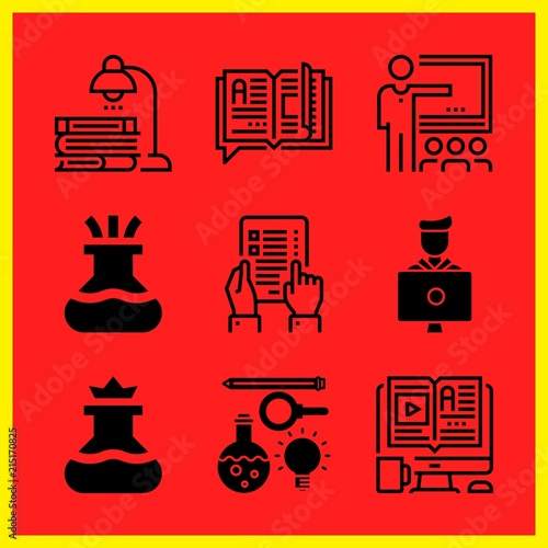 Simple 9 icon set of edication related elearning, classroom, flask and open book vector icons. Collection Illustration