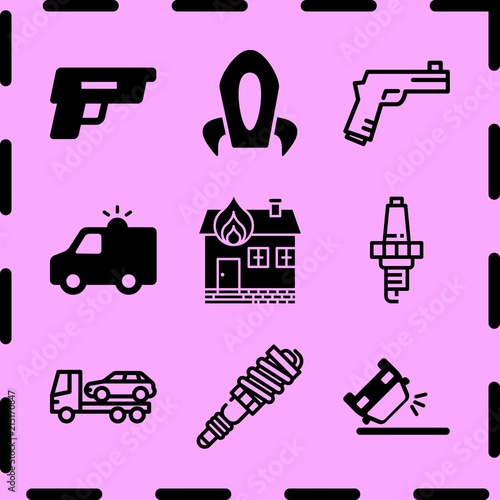 Simple 9 icon set of fire related evacuator, gun, ambulance with light and overturned car vector icons. Collection Illustration
