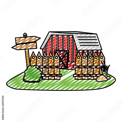 doodle house farm with wood grillage and emblem notices