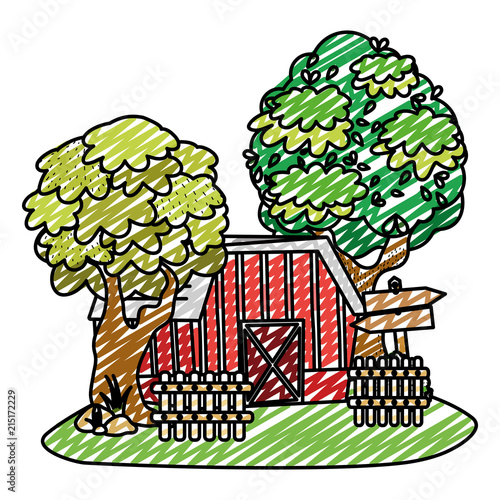 doodle house farm with wood notices and trees